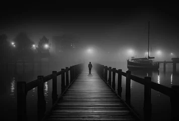 Foto op Plexiglas A moody image of a man walking on a dock on a foggy night in a city harbour.  Generative AI. © Inge