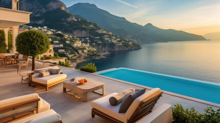 Luxurious villa nestled along the breathtaking Amalfi Coast of Italy, with panoramic views of the sparkling Mediterranean Sea and cliffside terraces