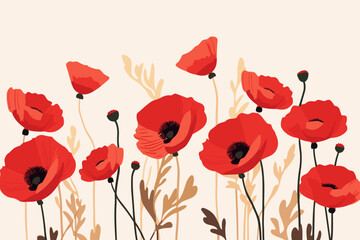 Fototapeta na wymiar Hand-drawn cartoon Red poppies flat art Illustrations in minimalist vector style