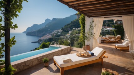 Fototapeta premium Luxurious villa nestled along the breathtaking Amalfi Coast of Italy, with panoramic views of the sparkling Mediterranean Sea and cliffside terraces