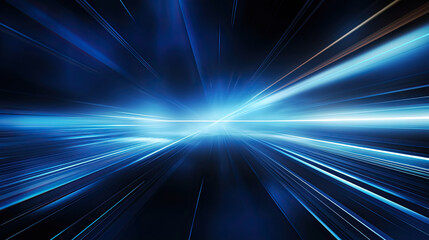science, futuristic, energy technology concept. Digital image of light rays, stripes lines with blue light, speed and motion blur over dark blue background