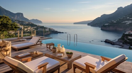 Fototapeta premium Luxurious villa nestled along the breathtaking Amalfi Coast of Italy, with panoramic views of the sparkling Mediterranean Sea and cliffside terraces