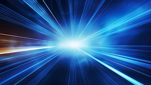 science, futuristic, energy technology concept. Digital image of light rays, stripes lines with blue light, speed and motion blur over dark blue background