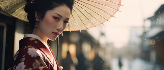 Geisha Elegance in Kyoto: Experience the Sublime as a Geisha Glides Down Kyoto's Streets, Sheltered by an Iconic Japanese Umbrella
 - obrazy, fototapety, plakaty