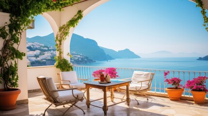 Luxurious villa nestled along the breathtaking Amalfi Coast of Italy, with panoramic views of the sparkling Mediterranean Sea and cliffside terraces
