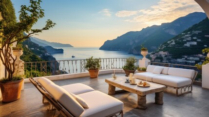 Fototapeta premium Luxurious villa nestled along the breathtaking Amalfi Coast of Italy, with panoramic views of the sparkling Mediterranean Sea and cliffside terraces
