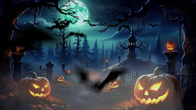 Creepy Halloween night with a spooky pumpkin and misty graveyard. Eerie silhouette of a haunted tree against a dark background. Concept of horror and fear.