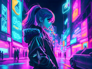 Fototapeta na wymiar Illustrate a cityscape at night with dazzling neon lights and a girl in fashionable attire, capturing the vibrant energy. AI Generative Free Photo