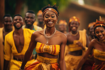 Energetic Rhythms of Ghana: A Vibrant Dance Performance featuring Dancers Adorned in Traditional Garb from Ghana.

