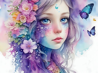 A whimsical watercolor-style portrait of a girl, with vibrant splashes of color, dreamy textures. AI Generative Free Photo