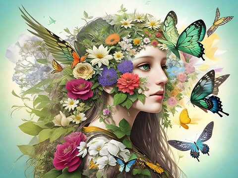 A collage-style design featuring a girl merged with elements of nature, such as flowers, birds, and butterflies. AI Generative Free Photo
