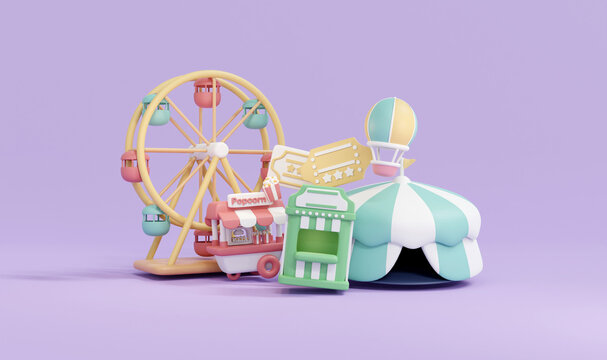 3D Rendering illustration of fair festival icons ferris wheel, ticket booth, food truck, balloon, circus tent on background for commercial design concept of fun park entertainment.