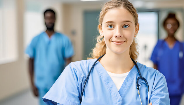portrait of a young nursing student standing confidently in a hospital. High quality photo