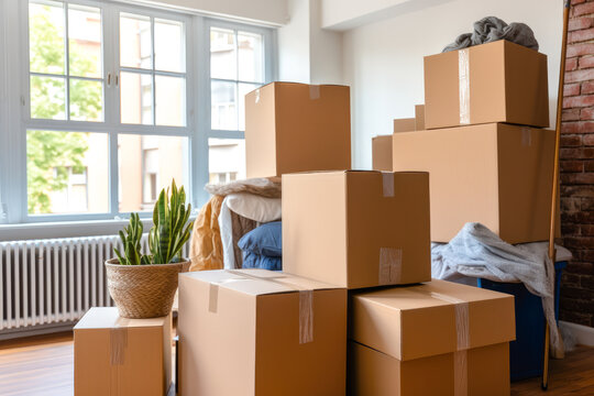 A stack of cardboard boxes in a room, a lot of objects at the window. Just moved in or moving out