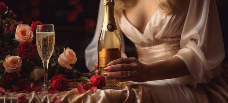 Elegance and Romance. Lady Holding Champagne and Roses in a Sensual and Traditional Style. AI Generative