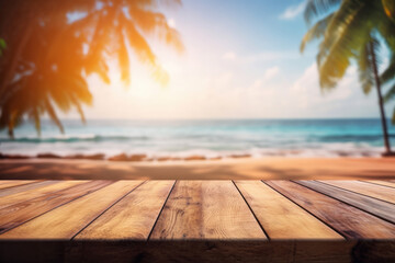 Serene beach view from wooden table, tropical palm trees, and ocean waves. Perfect for vacation ads. AI Generative.