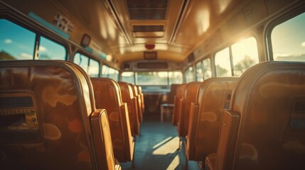 Fototapeta premium Inside view of an empty school bus with focus on the driver's seat in the early morning. Generative AI