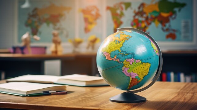 A highly detailed world map and globe resting on a classroom desk. Generative AI