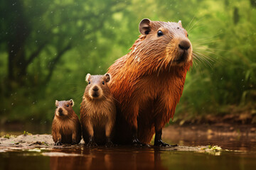 Resting Capybara Family (Hydrochoerus hydrochaeris), Capybaras in Their Aquatic Habitat, Capybara Habitat Exploration, Mother Capybara with Her Young.