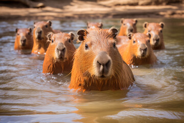 Fototapeta premium Group of baby Capybaras on a river bank, Exploring Capybara Habitats, Capybara herd in their natural habitat