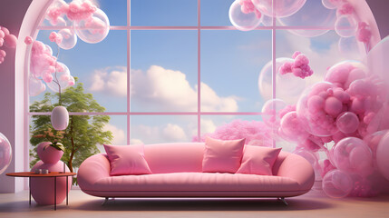 Barbie pink and blue interior of modern living room with pink walls, pink sofa and round coffee table with blue cushions. 3d rendering