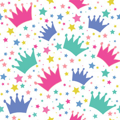 Vector Pastel Stars and Crowns with White Background Seamless Pattern. Perfect for fabric, scrapbooking, wallpaper projects, and paper products.