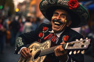 Dia de los Muertos Fiesta. Person Dressed as Mariachi Musician Entertaining with Lively Music. AI Generative 