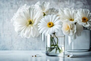 Delicate bouquet of white peonies in a glass vase with water