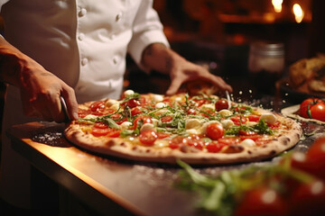 Italian Culinary Masterpiece. Pizzaiolo Preparing Pizza with Fresh Ingredients in Authentic Pizzeria. AI Generative