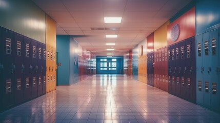 A colorful school hallway with lockers captured at dawn before school starts. Generative AI