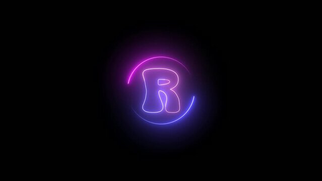 Neon letter  sign R animation . glowing circle rotation letter symbol icon .
