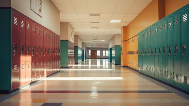 A colorful school hallway with lockers captured at dawn before school starts. Generative AI