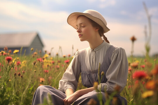 Amish Elegance Amidst Nature: Capturing the Grace of an Amish Woman in a Peaceful Countryside Scene, Surrounded by a Field of Wildflowers.


