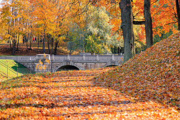 Fototapeta premium Autumn park landscape . Golden autumn in the city park. Photos on the calendar. Season. September, October, November