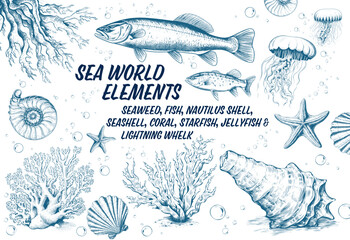 Sea world elements: Seaweed, fish, nautilus shell, seashell, coral, starfish, jellyfish and lightning whelk Vintage Undersea. Collection. Sketch illustration - obrazy, fototapety, plakaty
