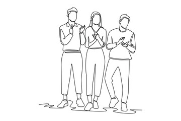 Continuous one line drawing of happy people group, welcoming and applauding concept. Doodle vector illustration in simple linear style. 