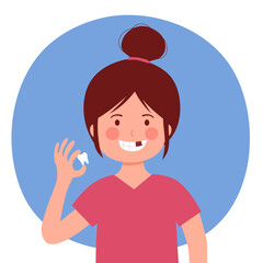Girl child missing teeth in flat design. Dental health.