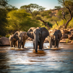 Fototapeta na wymiar Wildlife Wonders. Group of Elephants Crossing a River in a African wildlife National Park. A Glimpse of Untamed Nature and Animal Kingdom.