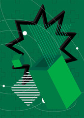 White, Black and green minimal geometric background template. Vintage geometrical graphic retro theme cover, abstract shapes.