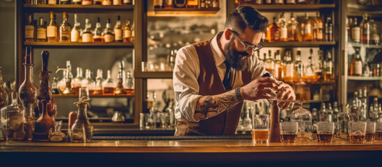 A bartender with tatoos in a bar wearing a vest. Creating an alcoholic drink.