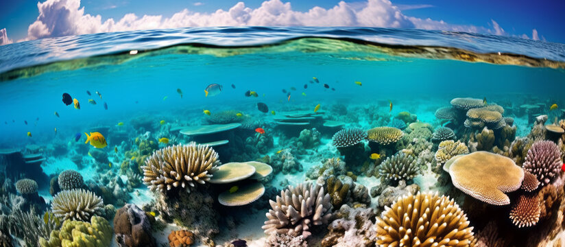 Above and below: An underwater coral scene showing marine lfe under a bright blue sky with clouds