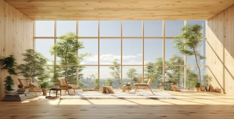 The interior of the hall with high ceilings with spacious beige wood floors, decorated with trees, gives a natural look, and large windows look outside the sky.