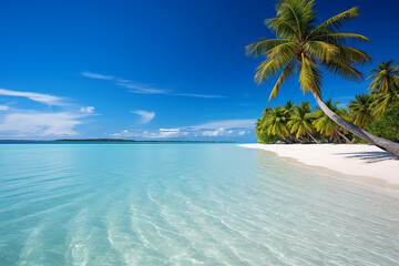 White sand beach with coconut palm trees, crystal clear blue sea water, Generative AI image