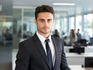 Fototapeta premium Portrait of a fictional handsome and elegant businessman in formal attire in an office. Generative AI.