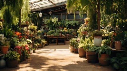Fototapeta na wymiar An outdoor plant nursery filled with lush greenery. Generative AI