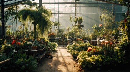 An outdoor plant nursery filled with lush greenery. Generative AI