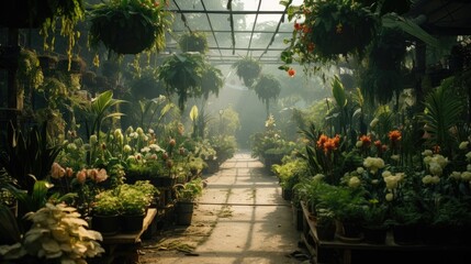 Obraz premium An outdoor plant nursery filled with lush greenery. Generative AI