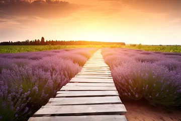 Papier Peint photo Prairie, marais Sunset over nature beautiful. Spring landscape with purple beauty lavender meadow field fresh and serene. Travel and relax