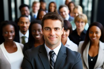 A group of fictional coworkers in formal attire in an office. Confident and teamwork corporate photo. Generative AI.