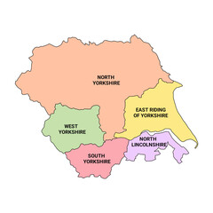  map of  Yorkshire and the Humber is a region of England, with borders of the ceremonial counties and different colour.